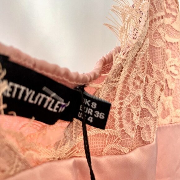 PRETTYLITTLETHING Asymmetric Hem Midi Dress 4 Pink Lace Detail Sleeveless NEW - Picture 6 of 14